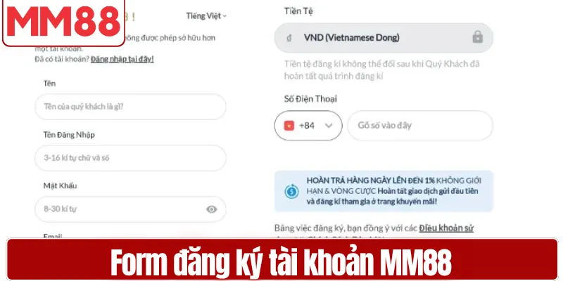Giao diện form đăng ký tài khoản MM88 chuẩn và đầy đủ thông tin