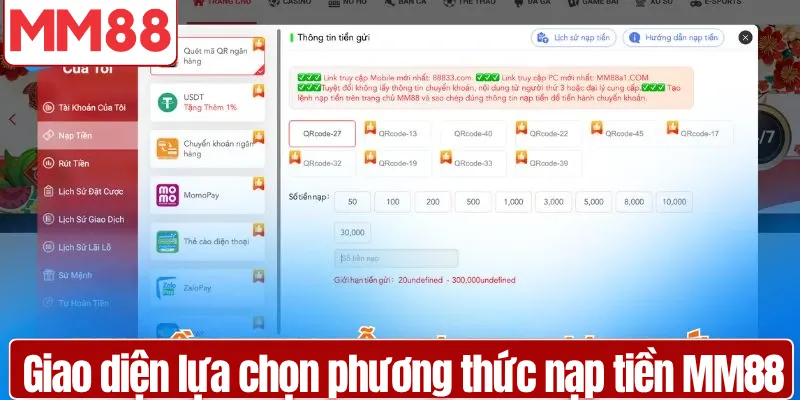 Giao diện nạp tiền MM88 qua ví điện tử chỉ trong vài bước