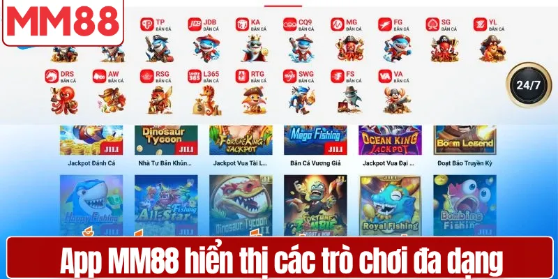 Giao diện chính của app MM88 hiển thị các trò chơi đa dạng